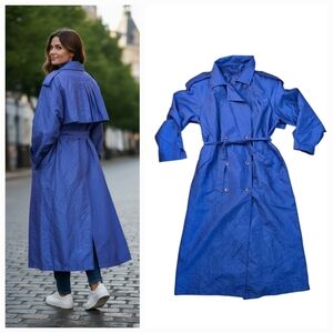 VTG LA VOGUE Trench Rain Coat Shiny Blue Accordion Pleated Cape Back Sz 12 Korea